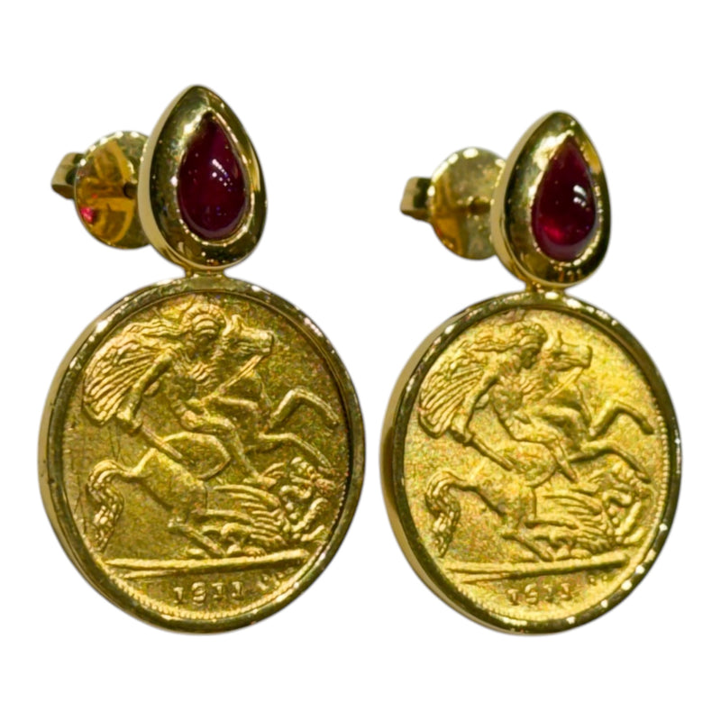 JE0713NK - Gold Coin with Cabuchon Ruby Earrings Set in 18K Gold Setting