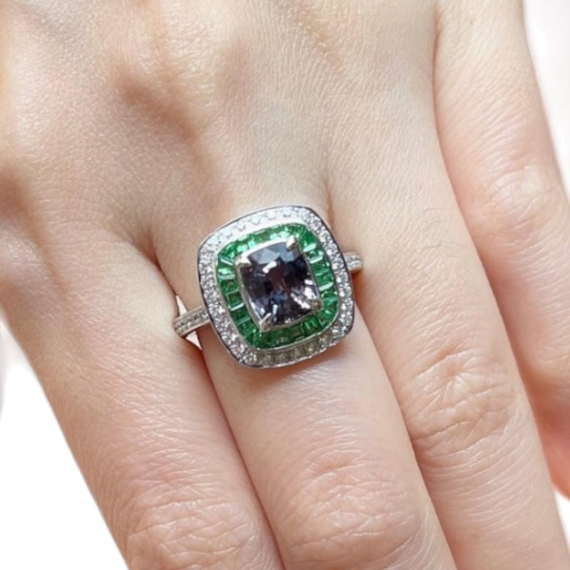 JR0003K - Unheated Purple Sapphire & Tsavorite with Diamond Ring set in 18l White Gold Setting
