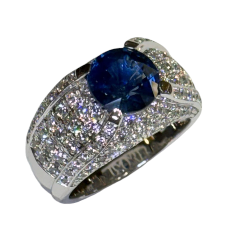 JR0369K - Unheated Thai Blue Sapphire with Diamond Ring Set in 18K White Gold Setting