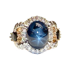 JR0373K - Blue Star Sapphire, Blue Sapphire, and Diamond Ring Set in 18K Rose Gold Setting
