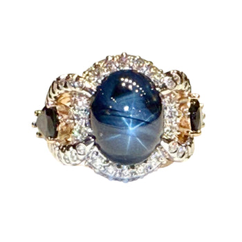 JR0373K - Blue Star Sapphire, Blue Sapphire, and Diamond Ring Set in 18K Rose Gold Setting