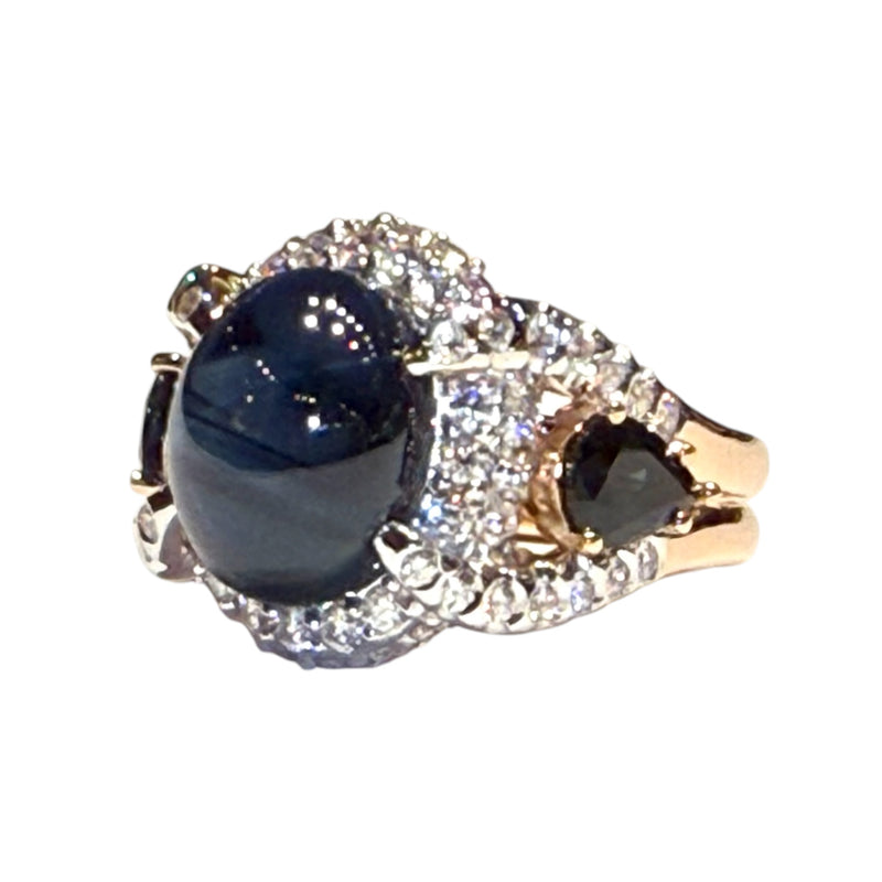 JR0373K - Blue Star Sapphire, Blue Sapphire, and Diamond Ring Set in 18K Rose Gold Setting