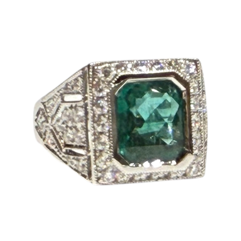 JR0376K - Art Deco Style Emerald with Diamond Ring Set in 18K White Gold Setting