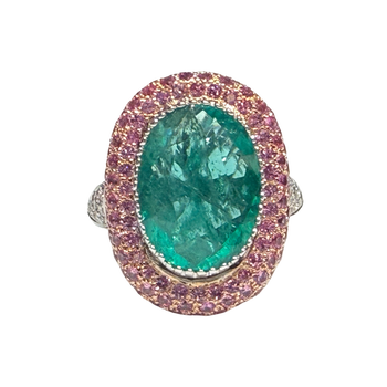 JR0396K - Emerald with Pave Pink Sapphire and Diamond Ring Set in 18K White & Rose Gold Setting