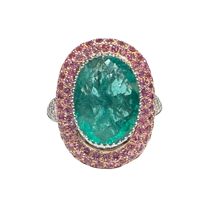 JR0396K - Emerald with Pave Pink Sapphire and Diamond Ring Set in 18K White & Rose Gold Setting