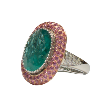 JR0396K - Emerald with Pave Pink Sapphire and Diamond Ring Set in 18K White & Rose Gold Setting