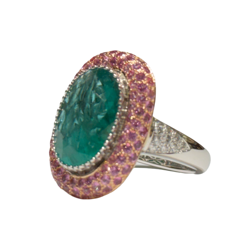 JR0396K - Emerald with Pave Pink Sapphire and Diamond Ring Set in 18K White & Rose Gold Setting
