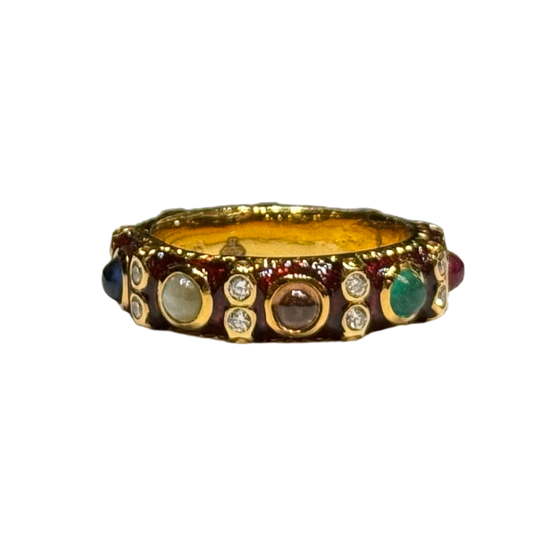 JR0380K - Lucky 9-Gem Ring with Red Enamel Ring Set in 18K Gold Setting