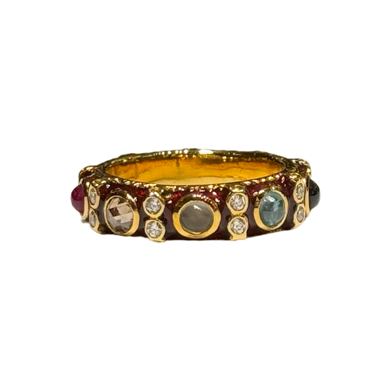 JR0380K - Lucky 9-Gem Ring with Red Enamel Ring Set in 18K Gold Setting