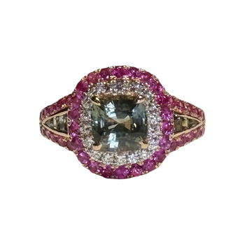 JR0377K - GIA Certified Unheated Green Sapphire with Pink Sapphire and Diamond Ring Set in 18K Rose Gold Setting