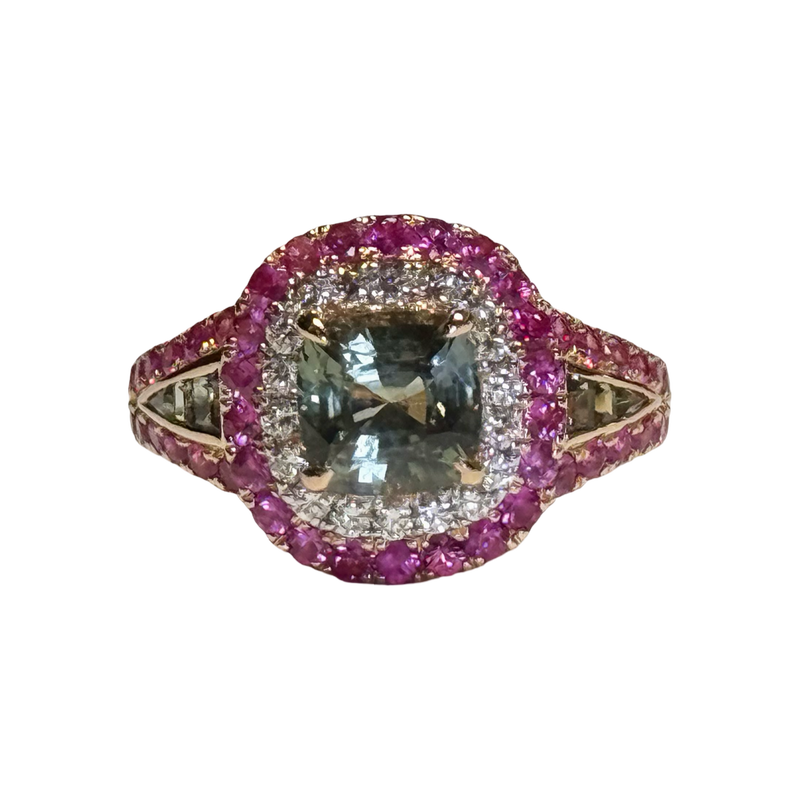 JR0377K - GIA Certified Unheated Green Sapphire with Pink Sapphire and Diamond Ring Set in 18K Rose Gold Setting