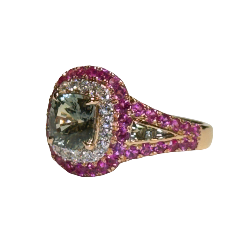 JR0377K - GIA Certified Unheated Green Sapphire with Pink Sapphire and Diamond Ring Set in 18K Rose Gold Setting