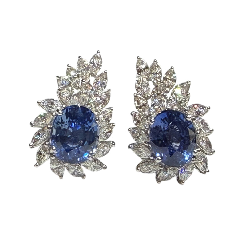 JE0089N - GIA Certified Unheated Blue Sapphire with Diamond Earrings Set in 18K White Gold Setting