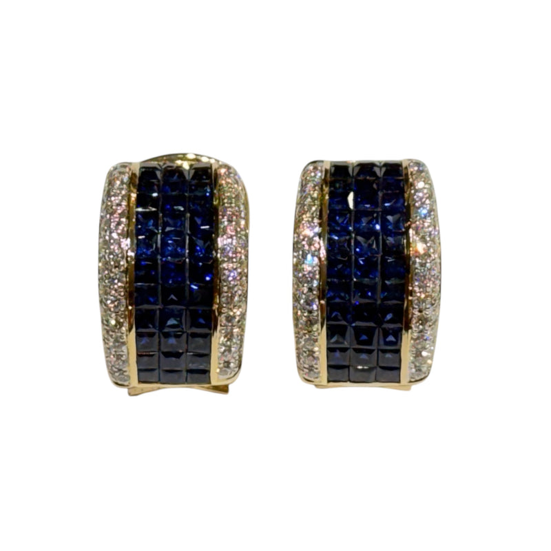 JE0277K - Invisible Set Blue Sapphire with Pave Diamond Earrings Set in 18K Gold Setting