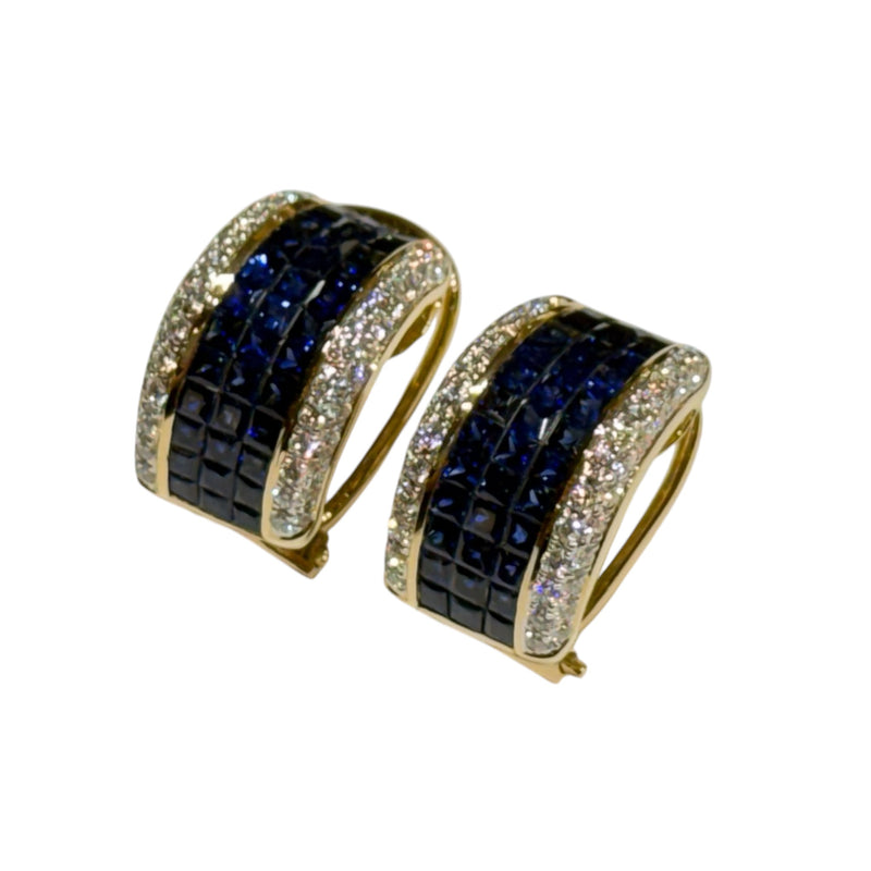 JE0277K - Invisible Set Blue Sapphire with Pave Diamond Earrings Set in 18K Gold Setting
