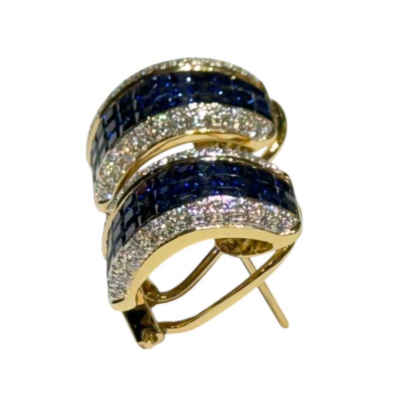 JE0277K - Invisible Set Blue Sapphire with Pave Diamond Earrings Set in 18K Gold Setting