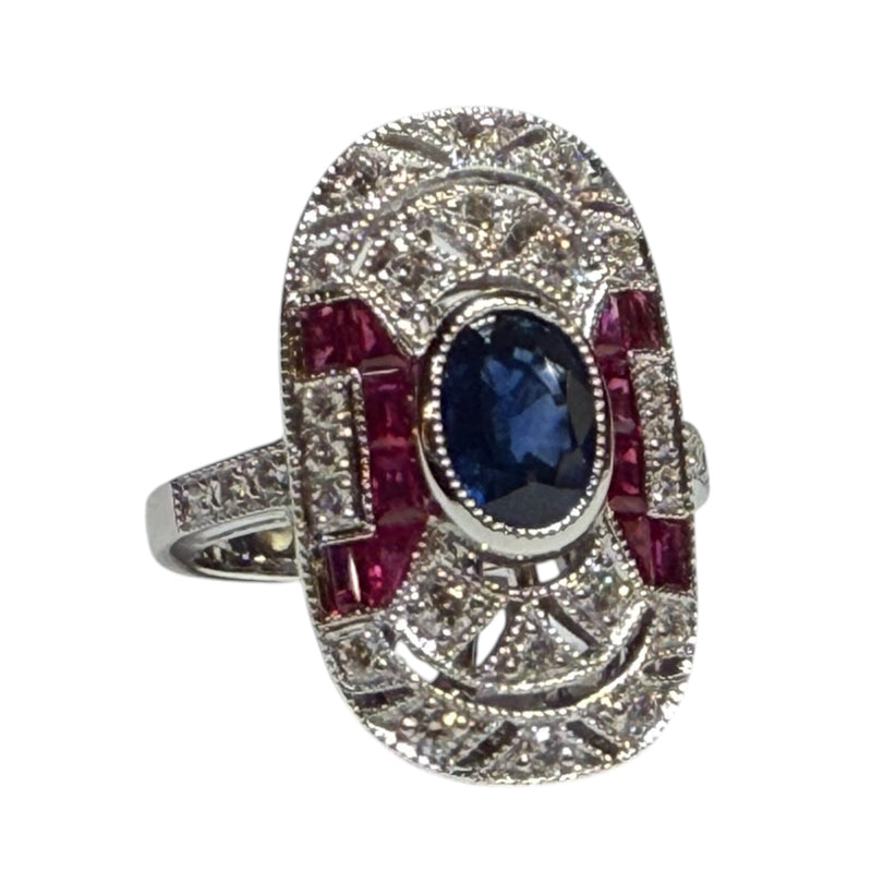 JR0401K - Art Deco Style Blue Sapphire, Ruby, and Diamond Ring Set in 18K White Gold Setting