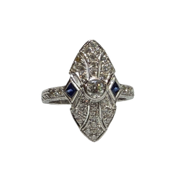 JR9564ZK - Diamond and Blue Sapphire Filigree Ring Set in 18K White Gold Setting