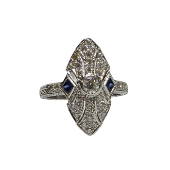 JR9564ZK - Diamond and Blue Sapphire Filigree Ring Set in 18K White Gold Setting
