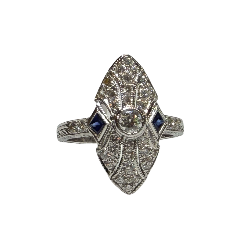 JR9564ZK - Diamond and Blue Sapphire Filigree Ring Set in 18K White Gold Setting