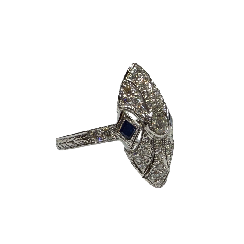 JR9564ZK - Diamond and Blue Sapphire Filigree Ring Set in 18K White Gold Setting