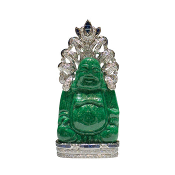 JP0095K - Happy Buddha Jade Carving Pendant and Brooch with Diamonds and Sapphires set in 18K White Gold Setting
