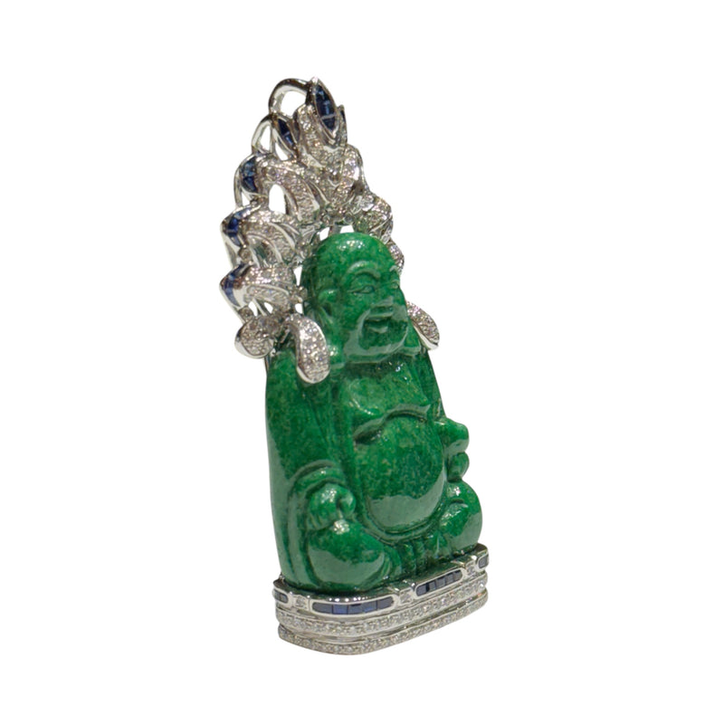 JP0095K - Happy Buddha Jade Carving Pendant and Brooch with Diamonds and Sapphires set in 18K White Gold Setting