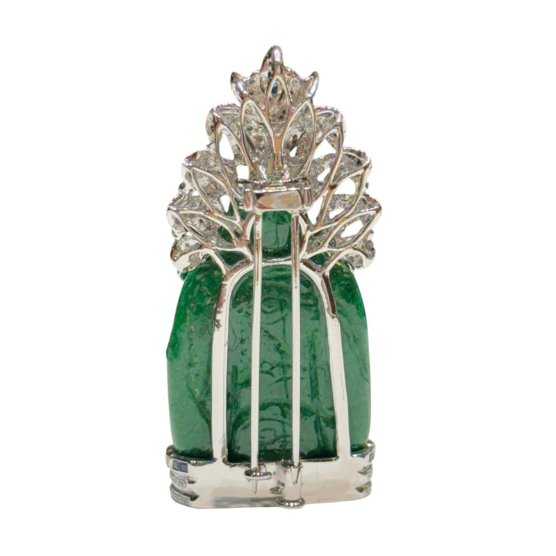 JP0095K - Happy Buddha Jade Carving Pendant and Brooch with Diamonds and Sapphires set in 18K White Gold Setting