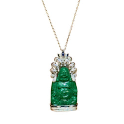 JP0095K - Happy Buddha Jade Carving Pendant and Brooch with Diamonds and Sapphires set in 18K White Gold Setting