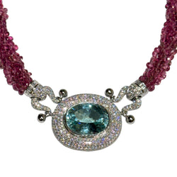 JN0047WK - Paraiba Tourmaline with Diamond and Pink Tourmaline Beads Necklace Set in 18K White Gold Setting