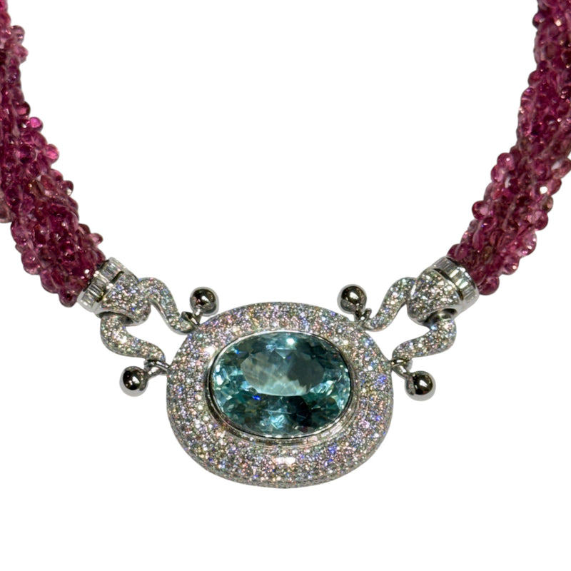JN0047WK - Paraiba Tourmaline with Diamond and Pink Tourmaline Beads Necklace Set in 18K White Gold Setting