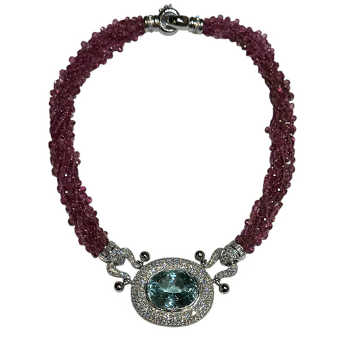 JN0047WK - Paraiba Tourmaline with Diamond and Pink Tourmaline Beads Necklace Set in 18K White Gold Setting