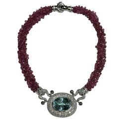 JN0047WK - Paraiba Tourmaline with Diamond and Pink Tourmaline Beads Necklace Set in 18K White Gold Setting