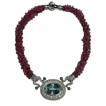 JN0047WK - Paraiba Tourmaline with Diamond and Pink Tourmaline Beads Necklace Set in 18K White Gold Setting