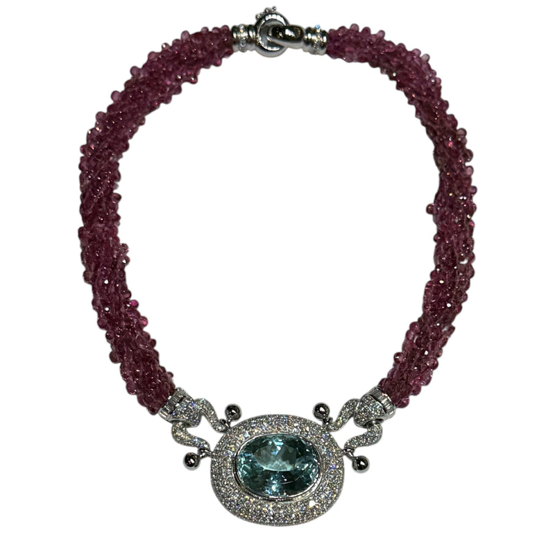 JN0047WK - Paraiba Tourmaline with Diamond and Pink Tourmaline Beads Necklace Set in 18K White Gold Setting