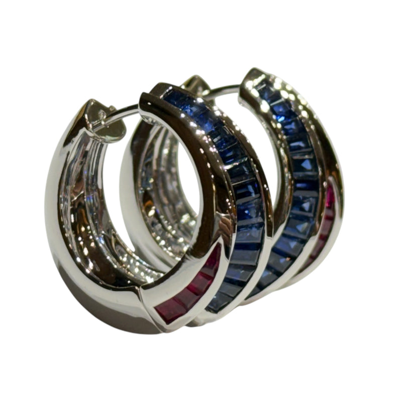 JE0244NK - Ruby and Blue Sapphire Hoop Earrings Set in 18K White Gold Setting