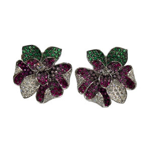 JE0046OK - Ruby, Tsavorite, and Diamond Flower Earrings Set in 18K White Gold Setting