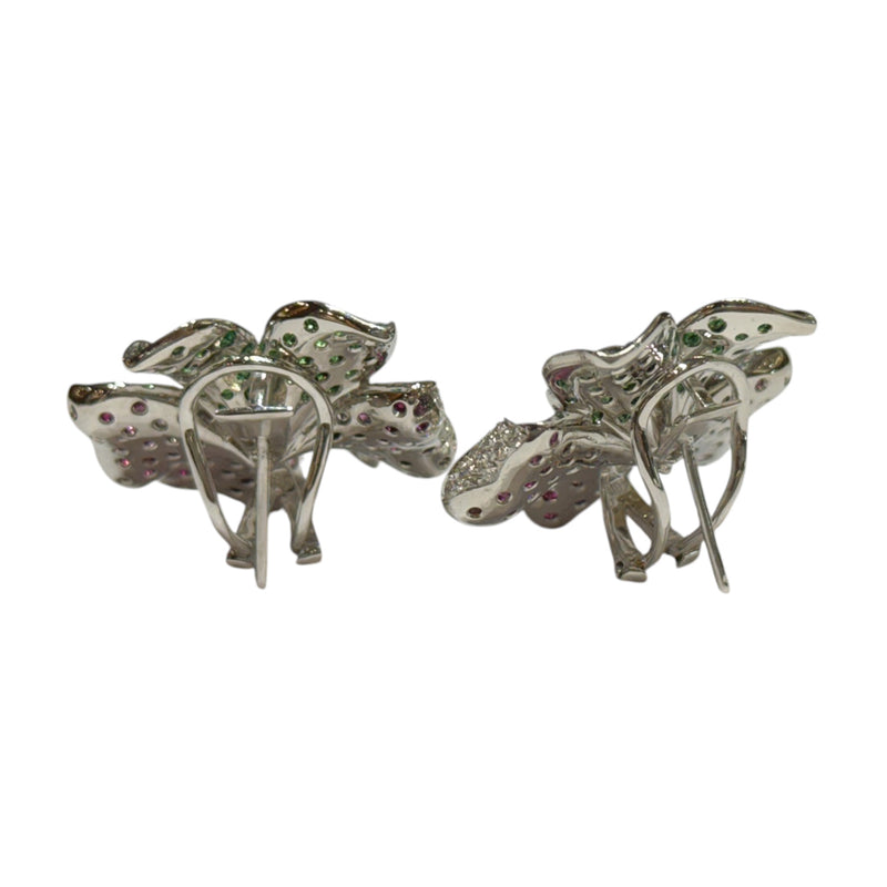 JE0046OK - Ruby, Tsavorite, and Diamond Flower Earrings Set in 18K White Gold Setting