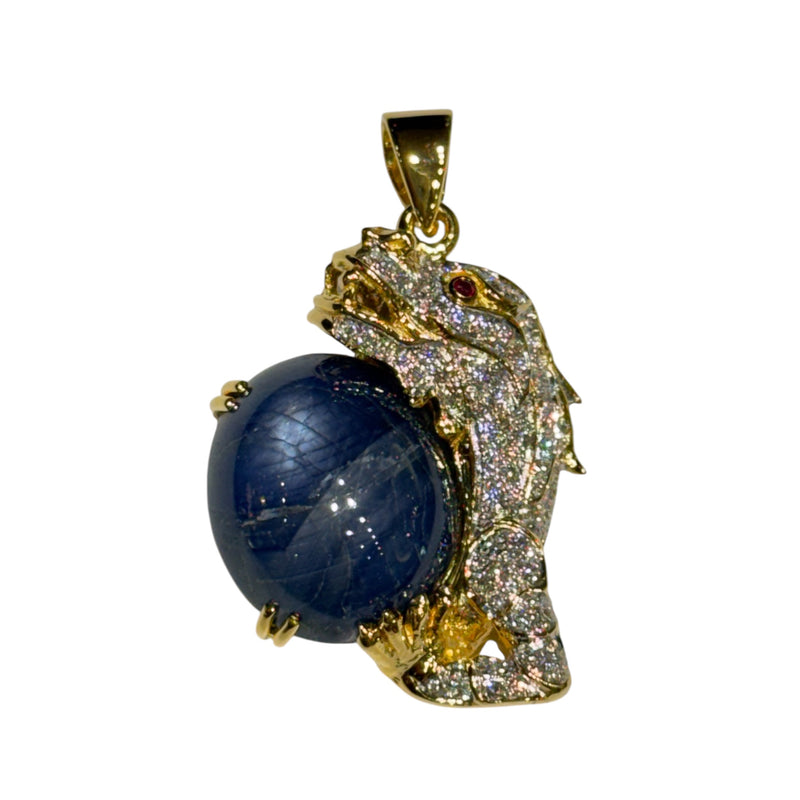 JP0098K - Blue Star Sapphire with Diamond Dragon Pendant Set in 18K Gold Setting