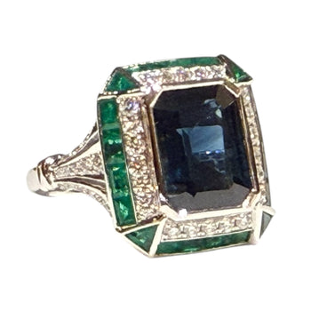 JR0407K - Blue Sapphire, Emerald, and Diamond Art Deco Style Ring Set in 18K White Gold Setting