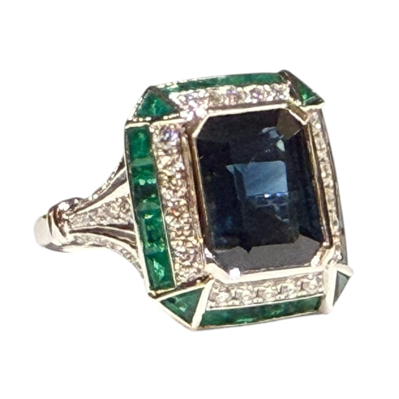 JR0407K - Blue Sapphire, Emerald, and Diamond Art Deco Style Ring Set in 18K White Gold Setting