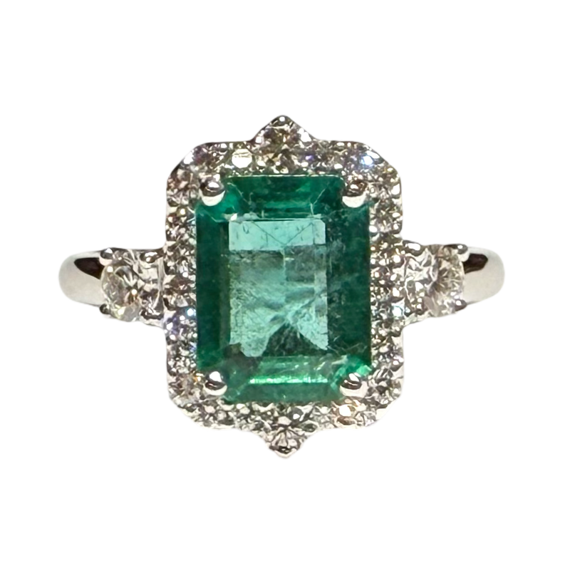 JR0408K - Emerald with Diamond Ring Set in 18K White Gold Setting