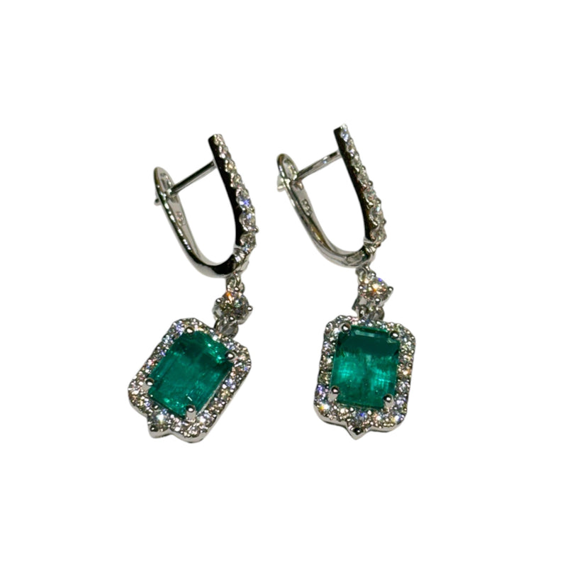 JE0299K - Emerald with Diamond Earrings Set in 18K White Gold Setting