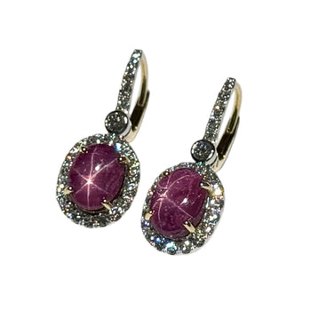 JE0335K - Star Ruby with Diamond Leverback Earrings Set in 18K Gold Setting