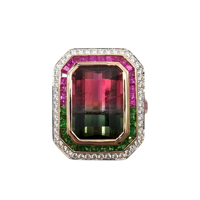 JR0321K - Watermelon Tourmaline, Pink Sapphire, Tsavorite and Diamond Ring Set in 18K Rose Gold Setting