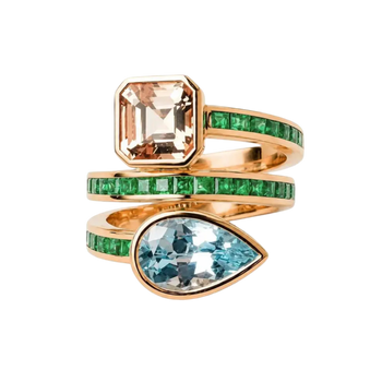 JR0077K - Aquamarine, Morganite and Emerald Ring Set in 18K Rose Gold Setting