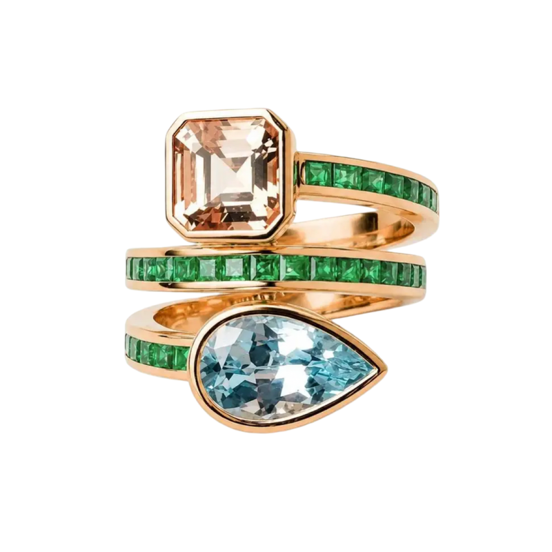 JR0077K - Aquamarine, Morganite and Emerald Ring Set in 18K Rose Gold Setting