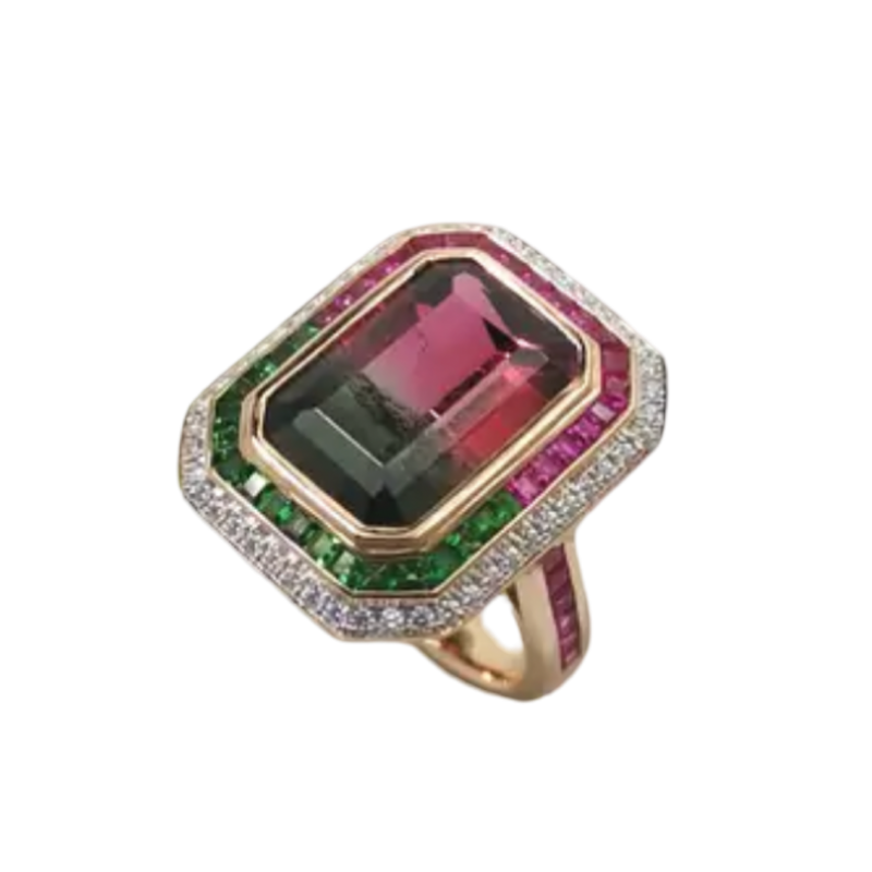 JR0321K - Watermelon Tourmaline, Pink Sapphire, Tsavorite and Diamond Ring Set in 18K Rose Gold Setting