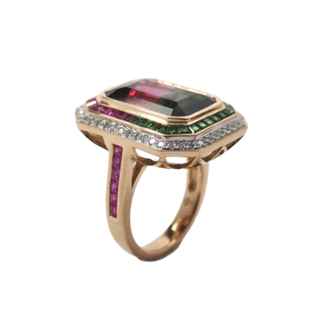 JR0321K - Watermelon Tourmaline, Pink Sapphire, Tsavorite and Diamond Ring Set in 18K Rose Gold Setting