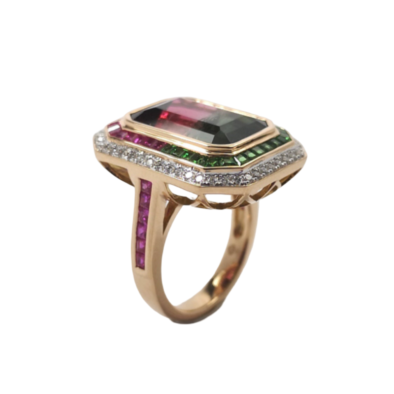 JR0321K - Watermelon Tourmaline, Pink Sapphire, Tsavorite and Diamond Ring Set in 18K Rose Gold Setting